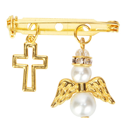 Distintivo Oro Con Cruz Y Angel De Perlas