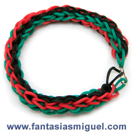 Pulsera Con Ligas Cadena Hexagonal Rojo- Agua- Negro