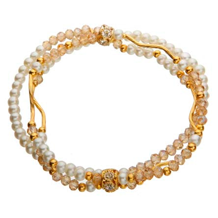 Pulsera Triple Con Tubitos De Oro Y Perlas Blanco