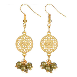 Aretes Con Perla Destellos Verde Y Dije Mandala