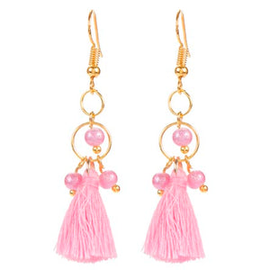 Aretes Rosa Y Oro Con Perlas Y Borlas