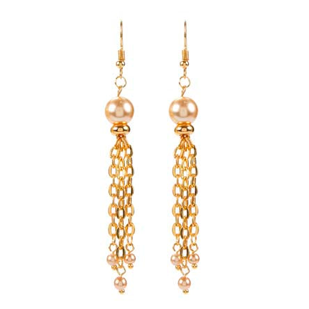 Aretes Con Cadena Oro Y Perla Café Claro