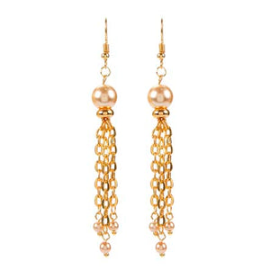 Aretes Con Cadena Oro Y Perla Café Claro