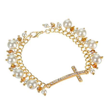 Pulsera De Cadena Con Perlas Y Cruz Oro