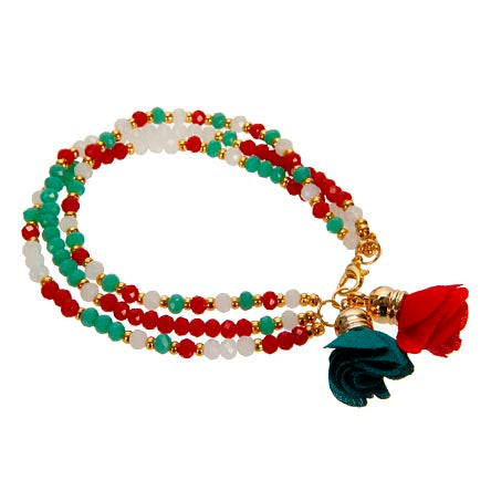 Pulsera Triple Rojo, Blanco Y Jade Con Dije De Rosas