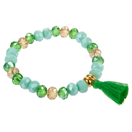 Pulsera Con Cristales Menta, Miel Y Esmeralda Con Borla
