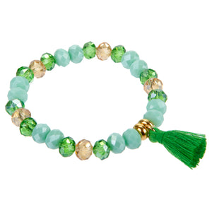 Pulsera Con Cristales Menta, Miel Y Esmeralda Con Borla