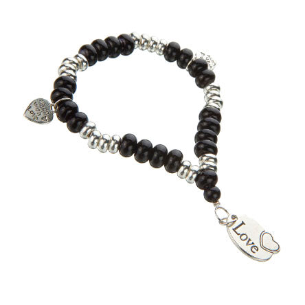 Pulsera Negro-Plata Con Dije Corazones