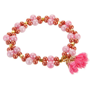 Pulsera Tejida Con Perla Destellos Y Rosa De Tela