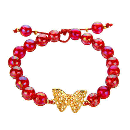 Pulsera De Cuentas Rojas Con Dije De Mariposa Oro