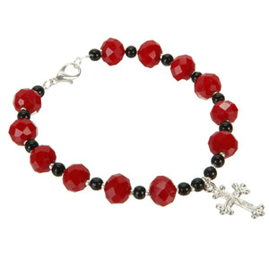 Pulsera Con Rondel Rojo, Perla Negra Y Dije De Cruz