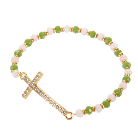 Pulsera Con Cruz Y Rondel Facetado Verde/Marfil