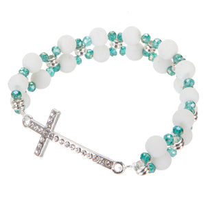 Pulsera Blanco/ Jade Con Cruz Cristal Plata