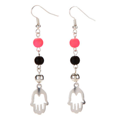 Fantasías Miguel Clave:FC62 Aretes Rosa-Negro Con Dije Mano De La Suerte