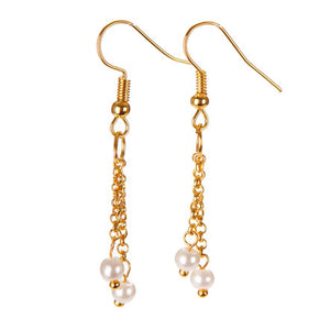Aretes Largos Con Doble Cadena Oro Y Perlas