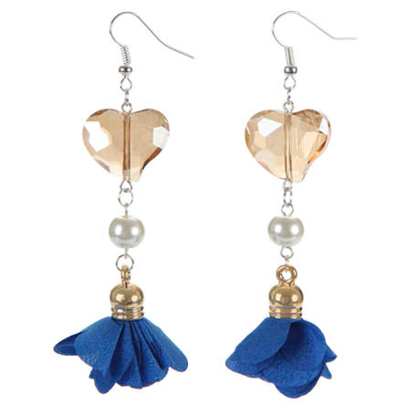Aretes Con Corazón Cristal Y Rosa De Tela Azul