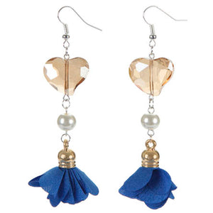 Aretes Con Corazón Cristal Y Rosa De Tela Azul