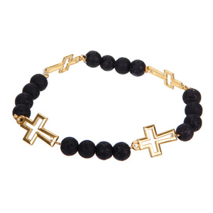 Pulsera De Cuenta Lava Negra Con Cruces Oro