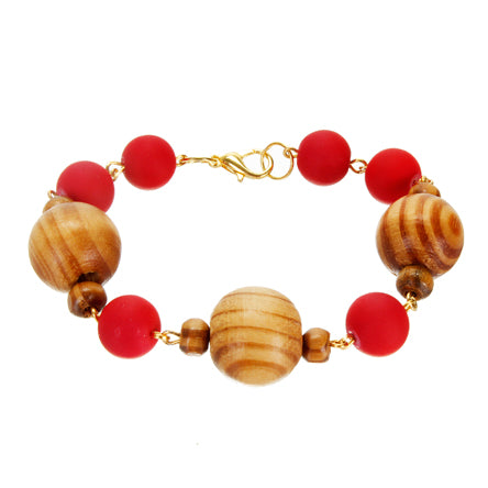 Pulsera Caucho Rojo Y Cuenta Madera