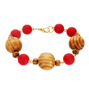 Pulsera Caucho Rojo Y Cuenta Madera