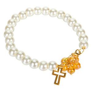 Pulsera De Perlas Con Cuentas Amarillas Y Dije De Cruz
