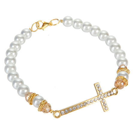 Pulsera Con Perla Blanca, Rondel Miel Y Dije Cruz Curva
