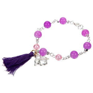 Pulsera Morada Con Borla Y Angelito Plata