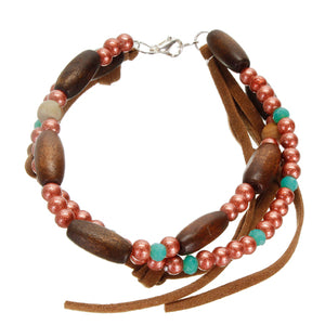 Pulsera Con Perla Con Destellos, Rondel Y Cordon Imitacion Piel