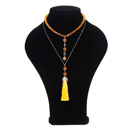 Collar Doble De Rondel Amarillo Con Borla Y Dije Árbol