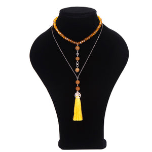 Collar Doble De Rondel Amarillo Con Borla Y Dije Árbol