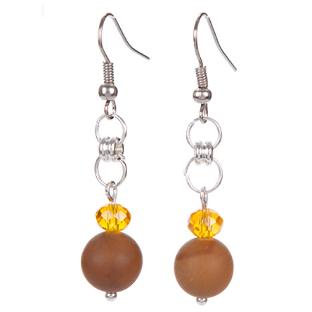 Aretes Con Rondel Amarillo Y Cuenta Piedra Café