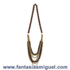 Collar Con Cadena Oro Antigüo Y Perlas Café