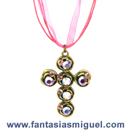 Collar De Cruz Oro Antigüo Con Piedras Rosa
