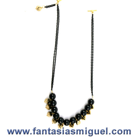 Collar De Picos Oro C/ Perla Negra Y Cadena Negra