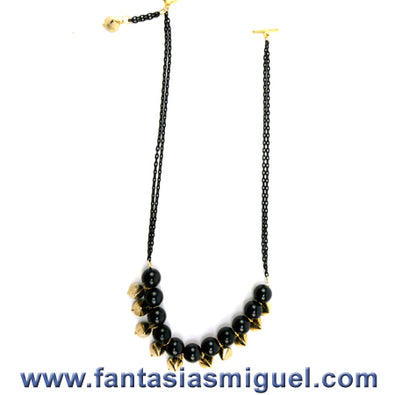 Fantasías Miguel Clave:IP936 Collar De Picos Oro C/ Perla Negra Y Cadena Negra