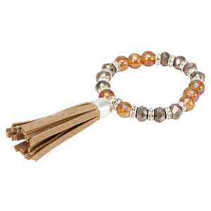 Pulsera Plata Cristal Con Borla Café