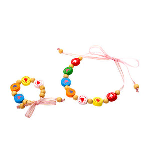 Collar Y Pulsera Cuentas De Madera Con Listón