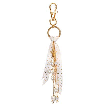 Llavero Oro Y Blanco Con Perlas Y Cruces Oro