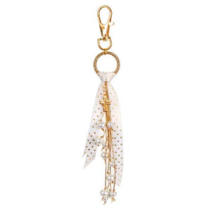 Llavero Oro Y Blanco Con Perlas Y Cruces Oro
