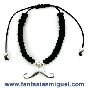 Pulsera Negra C/ Dije Bigote Plata
