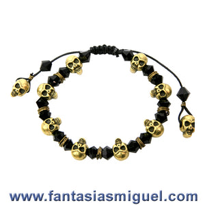 Pulsera De Cráneos Oro Antigüo C/ Cristales Negro
