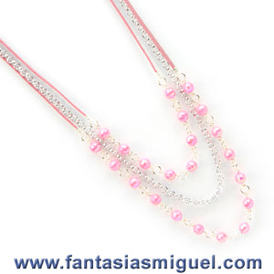 Collar De Cuentas Acrílicas Rosas C/ Gamuza Y Cadena