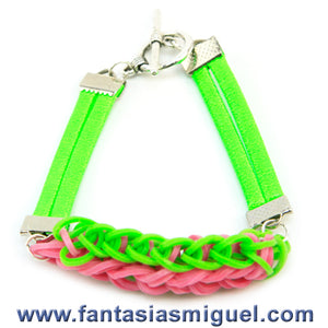 Pulsera Con Ligas Doble Zipper Verde-Rosa Con Cordón Verde Neón