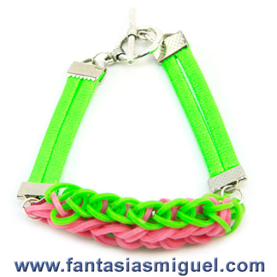 Fantasías Miguel Clave:JO503 Pulsera Con Ligas Doble Zipper Verde-Rosa Con Cordón Verde Neón
