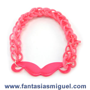 Pulsera Con Ligas Rosa Neón Con Dije De Bigote