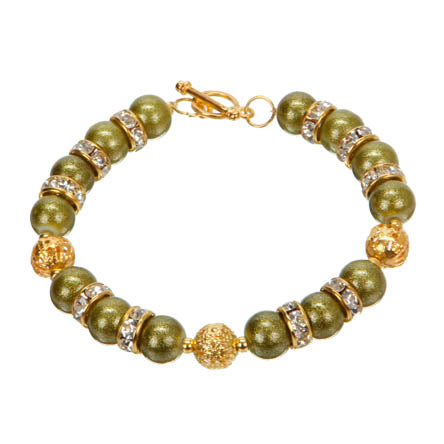 Pulsera De Perla Con Destellos Verde Y Bola De Filigrana Oro