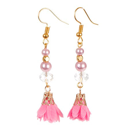Aretes De Perlas Lavanda Y Cristal Con Rosa De Tela