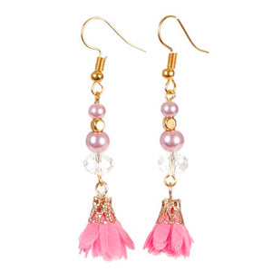 Aretes De Perlas Lavanda Y Cristal Con Rosa De Tela