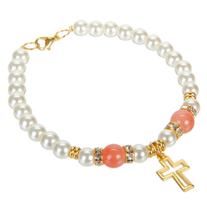 Pulsera De Perlas Marfil, Cuenta Coral Y Cruz Oro