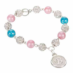 Pulsera Con Engarse De Perla Rosa /Azul Y Dije De Letra